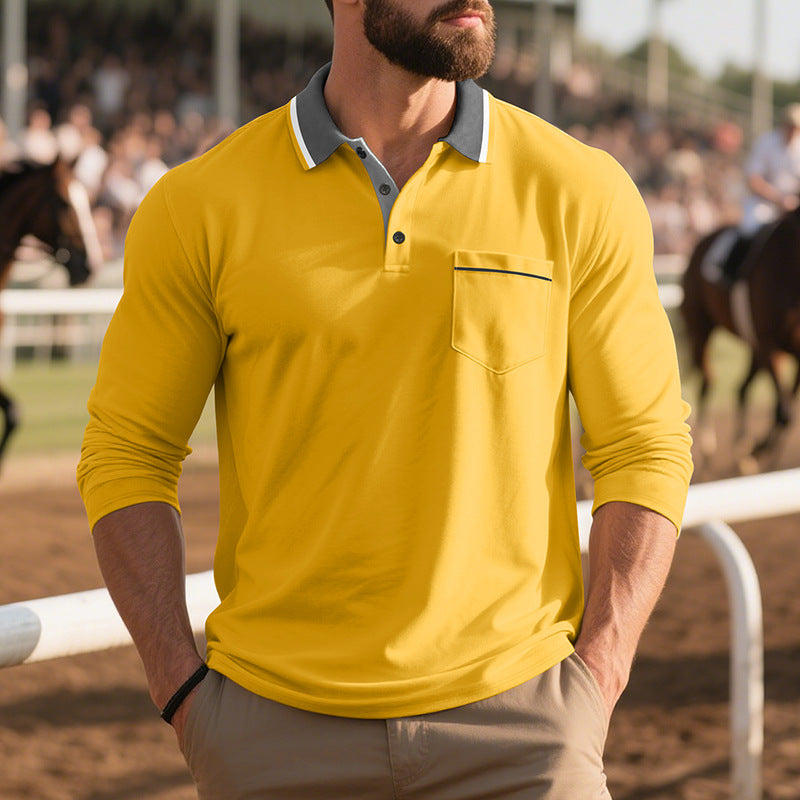 Men's long-sleeved polo shirt with contrast collar, chest pocket, and fine cotton stretch Mune Fashion
