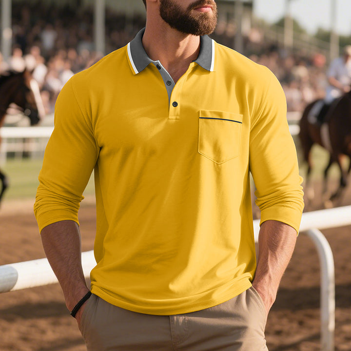 Men's long-sleeved polo shirt with contrast collar, chest pocket, and fine cotton stretch Mune Fashion