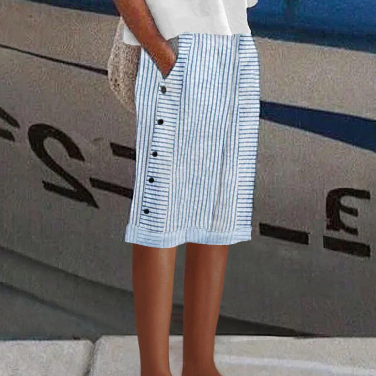 Women knee-length linen blend skirt with side button placket and side pockets Mune Fashion