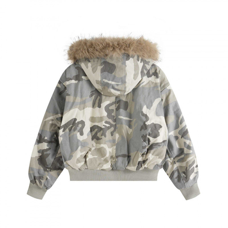 Women Short Boxy Bomber with Hood and Removable Faux Fur Trim Mune Fashion