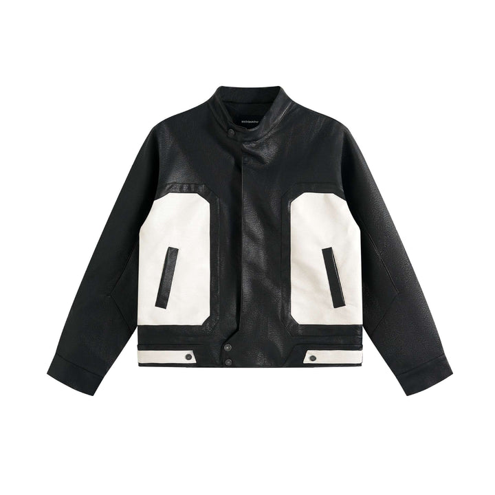 Unisex Boxy-Colorblock-Bomber Jacket in Leather Look with High Stand-up Collar Mune Fashion