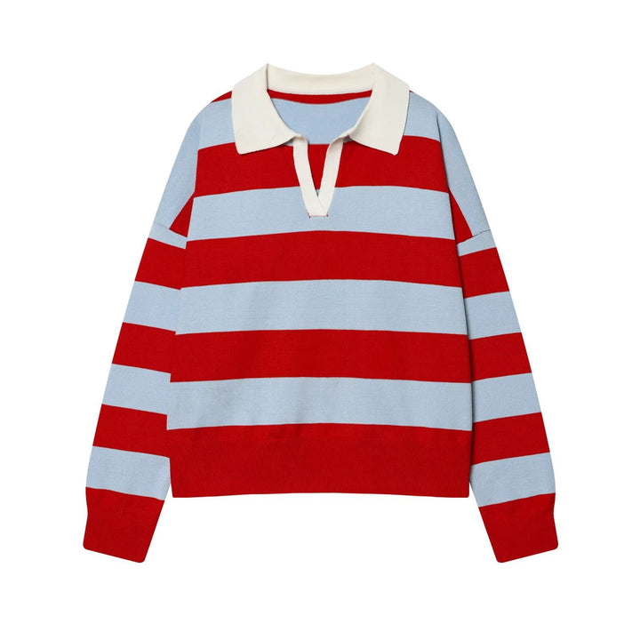 Women Striped Rugby Polo Sweater with V-Notch and Cropped Hem Mune Fashion