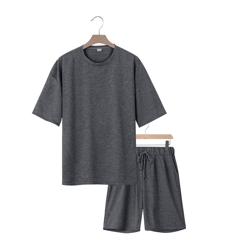 Men's relaxed jersey set with extended round neck t-shirt and elastic drawstring shorts Mune Fashion