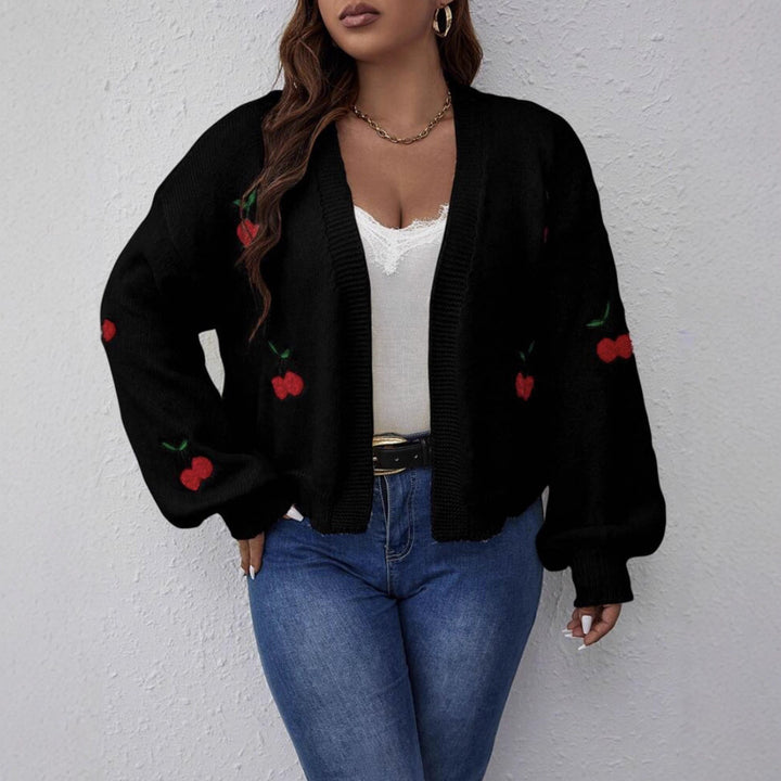 Women's Cropped Oversized Cardigan with Cherry Embroidery Mune Fashion