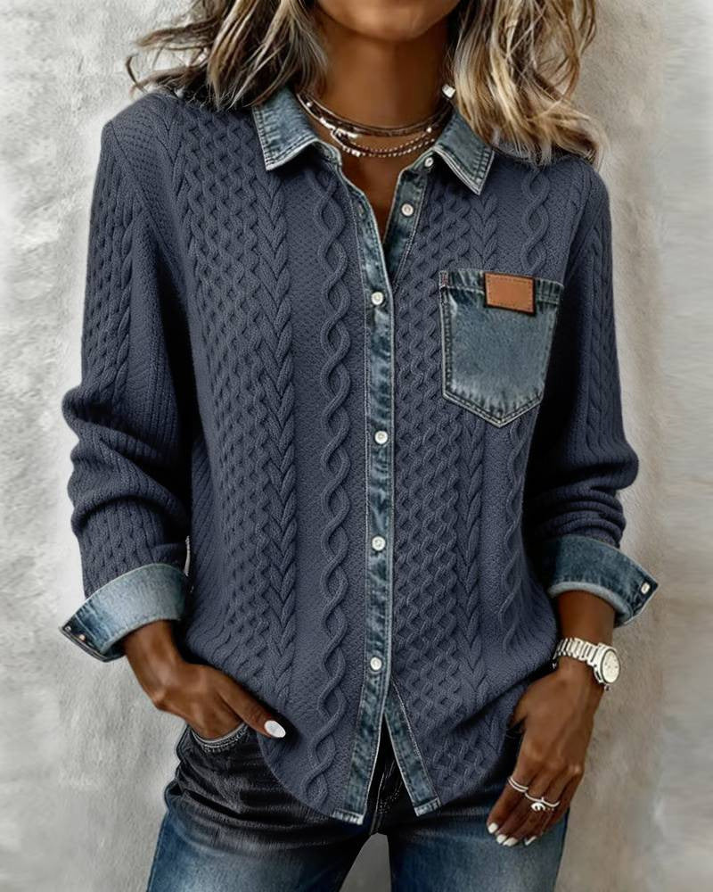 Women's braided knit sweater with integrated denim collar and chest pocket Mune Fashion