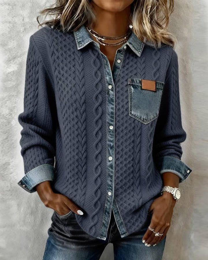 Women's braided knit sweater with integrated denim collar and chest pocket Mune Fashion