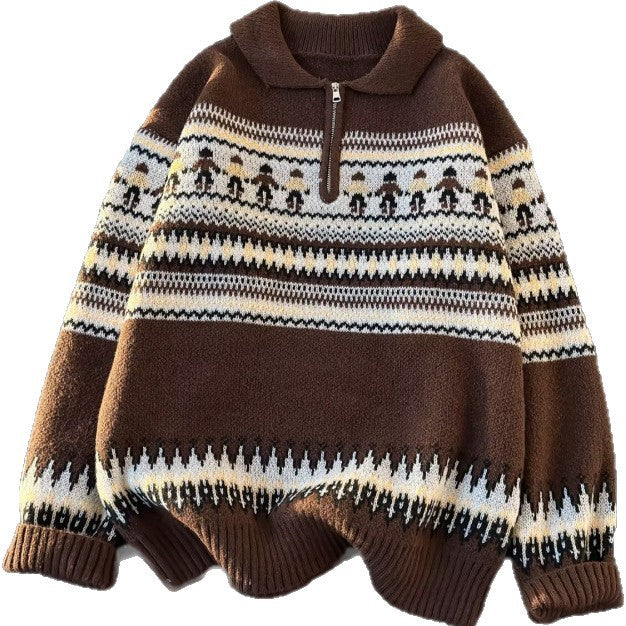 Women's Jacquard Half-Zip Sweater with Polo Collar and Norwegian Intarsia Mune Fashion