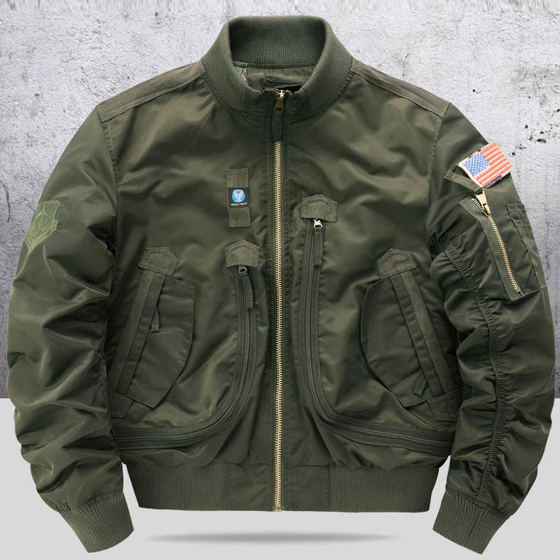 Men's  pilot-style cropped utility flight bomber with multi-zip pockets and ribbed collar Mune Fashion