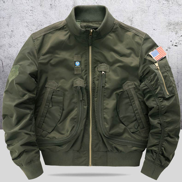 Men's  pilot-style cropped utility flight bomber with multi-zip pockets and ribbed collar Mune Fashion