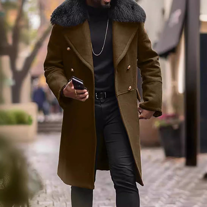 Men's Double-Breasted Wool Coat with Large Faux Fur Collar Mune Fashion