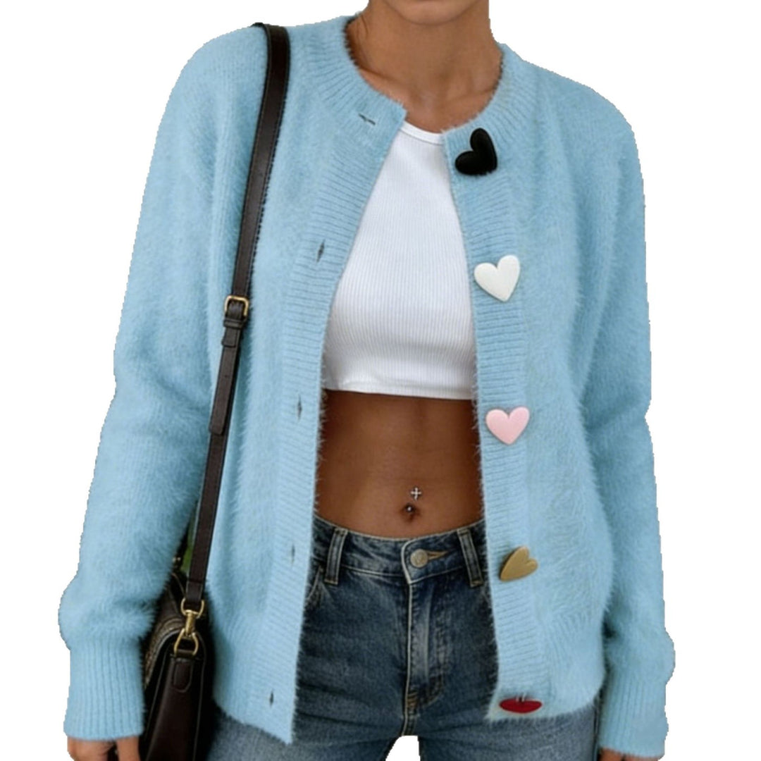 Women Short Cut Fluffy Cardigan with Decorative Heart Buttons Mune Fashion