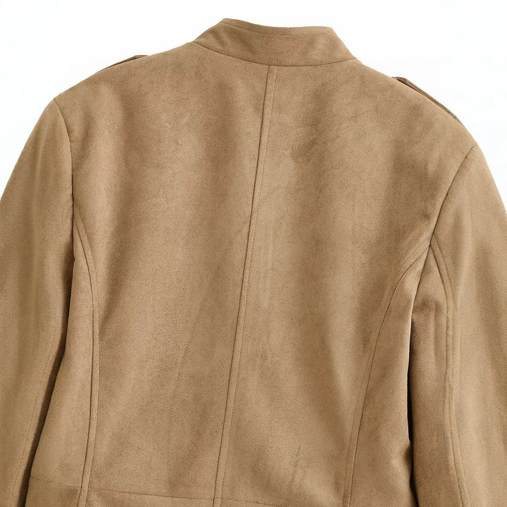 Women Tailored Military-inspired Jacket made of Suede Look with Stand-up Collar and Flap Chest Pockets Mune Fashion