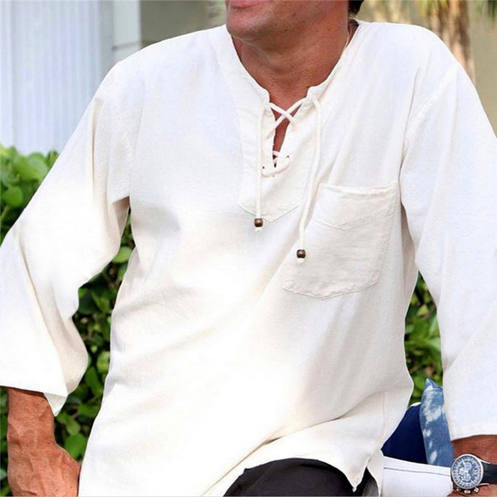 Men's Lightweight Cotton-Linen Leisure Set with Lace Collar and 3/4 Sleeves Mune Fashion