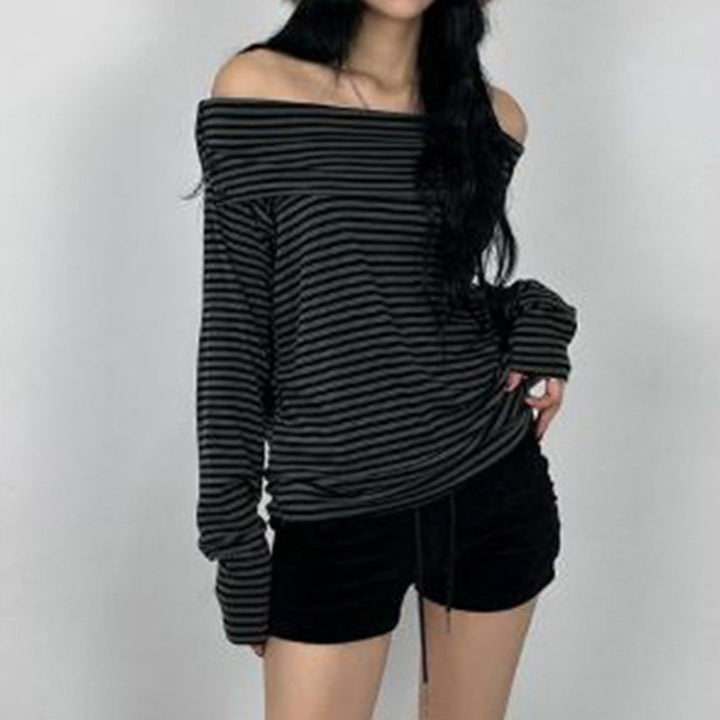 Women's off-the-shoulder long-sleeve shirt with Carmen neckline, tailored fit and fine stripe pattern Mune Fashion
