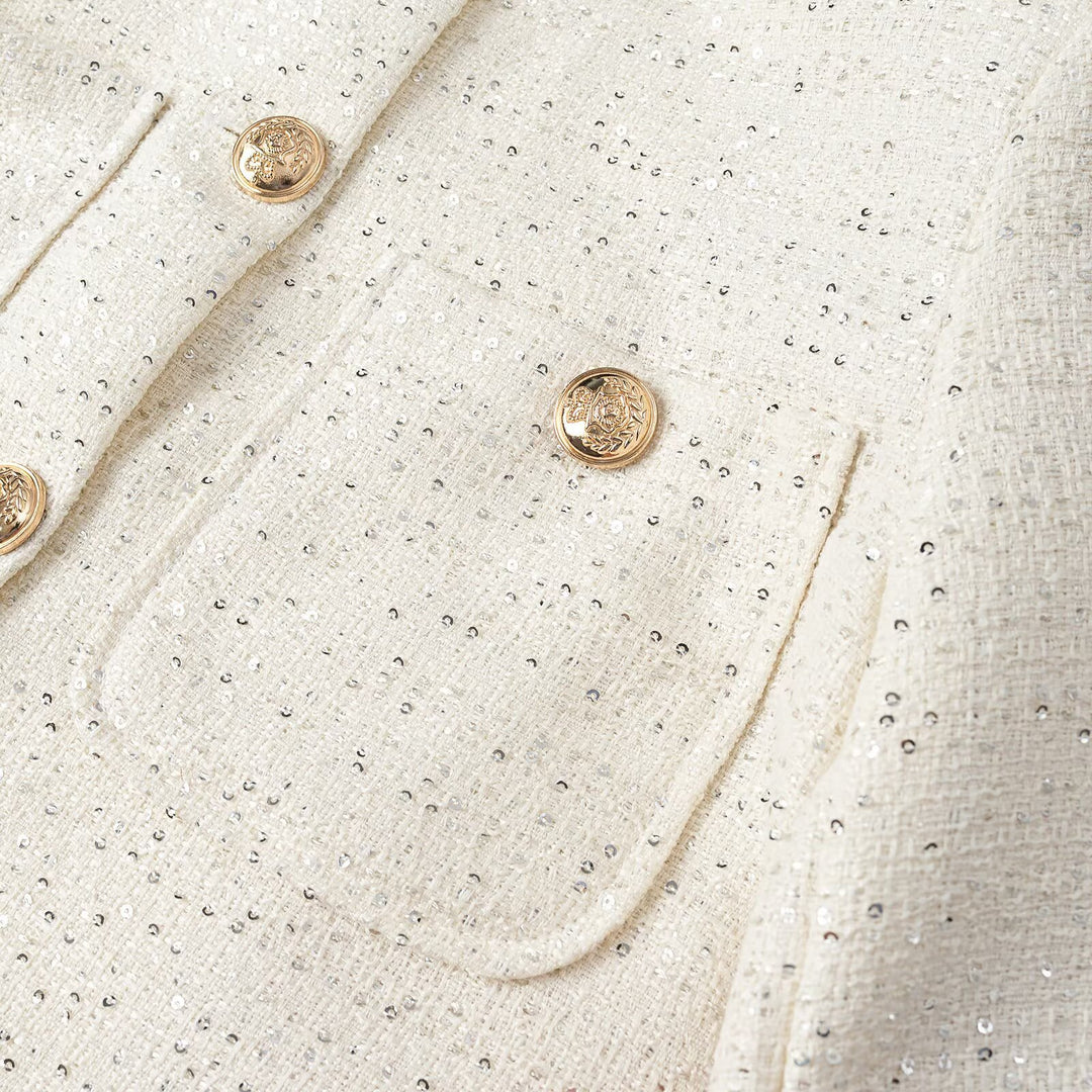 Women Short-Cut Tweed Jacket in Boucle Look with Round Neckline, Decorative Buttons and Flap Pockets Mune Fashion