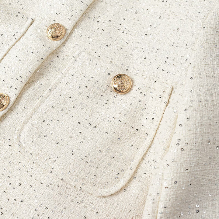 Women Short-Cut Tweed Jacket in Boucle Look with Round Neckline, Decorative Buttons and Flap Pockets Mune Fashion