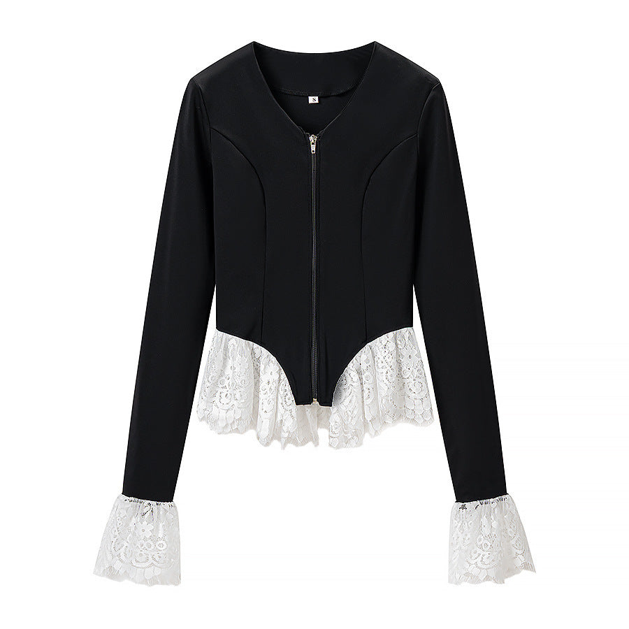 Women's Tailored Zip Jacket with Lace Ruffle at the Hem and Sleeve Cuff Mune Fashion