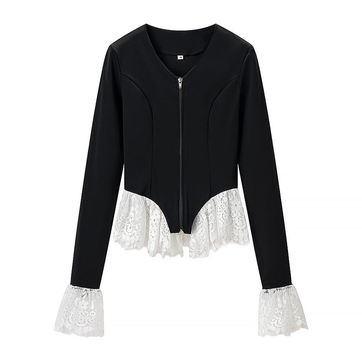 Women's Tailored Zip Jacket with Lace Ruffle at the Hem and Sleeve Cuff Mune Fashion