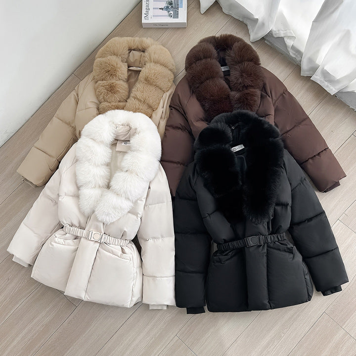 Women Tailored Short Quilted Jacket with voluminous Shawl Collar made of Faux Fur and Decorative Belt Mune Fashion