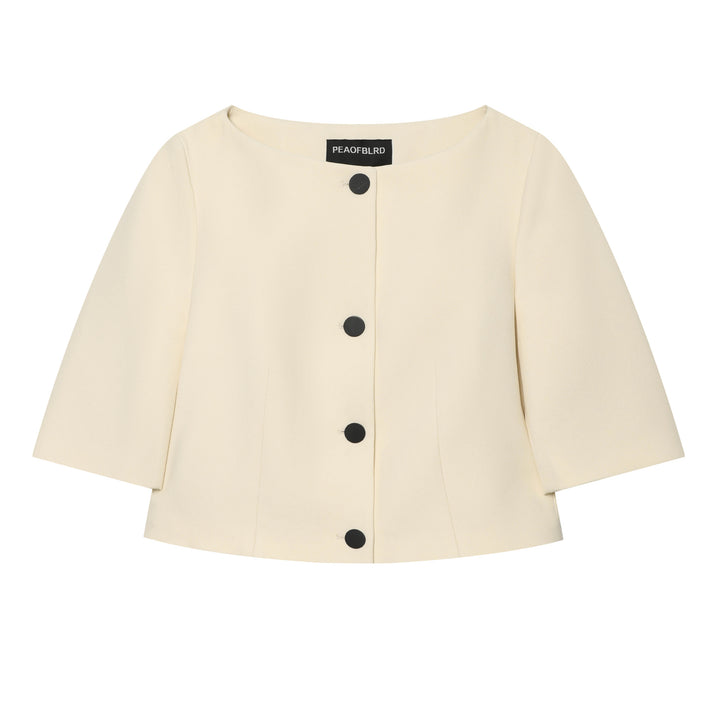 Women's tailored boxy short jacket with round neck, three-quarter sleeves and decorative button placket Mune Fashion