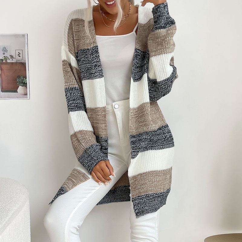 Women Casual Knit Coat with Stripes Mune Fashion