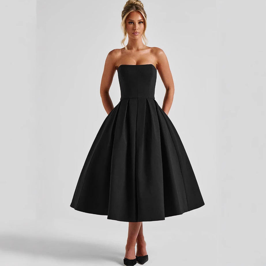 Women's Elegant Midi Dress with Flared Skirt and Stylish Bandeau Neckline Mune Fashion