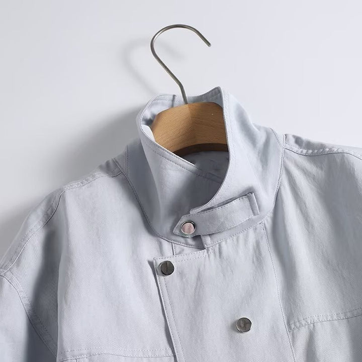 Women Light Oversized Blouse Jacket with Stand Collar and Concealed Snap Button Placket Mune Fashion