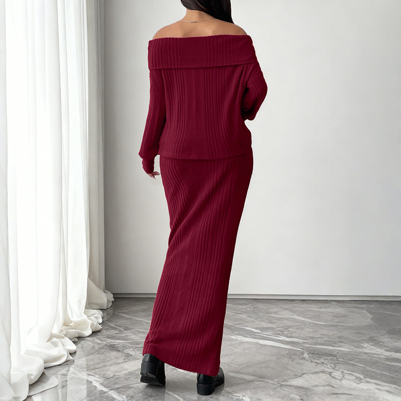 Women's Off-Shoulder Rib Knit Set with Off-Shoulder Top and Form-Fitting Maxi Skirt Mune Fashion