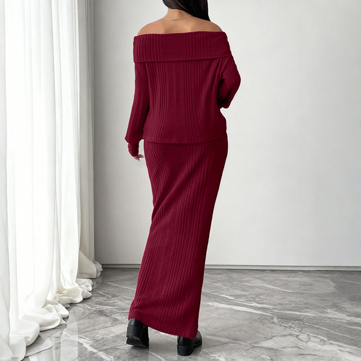 Women's Off-Shoulder Rib Knit Set with Off-Shoulder Top and Form-Fitting Maxi Skirt Mune Fashion