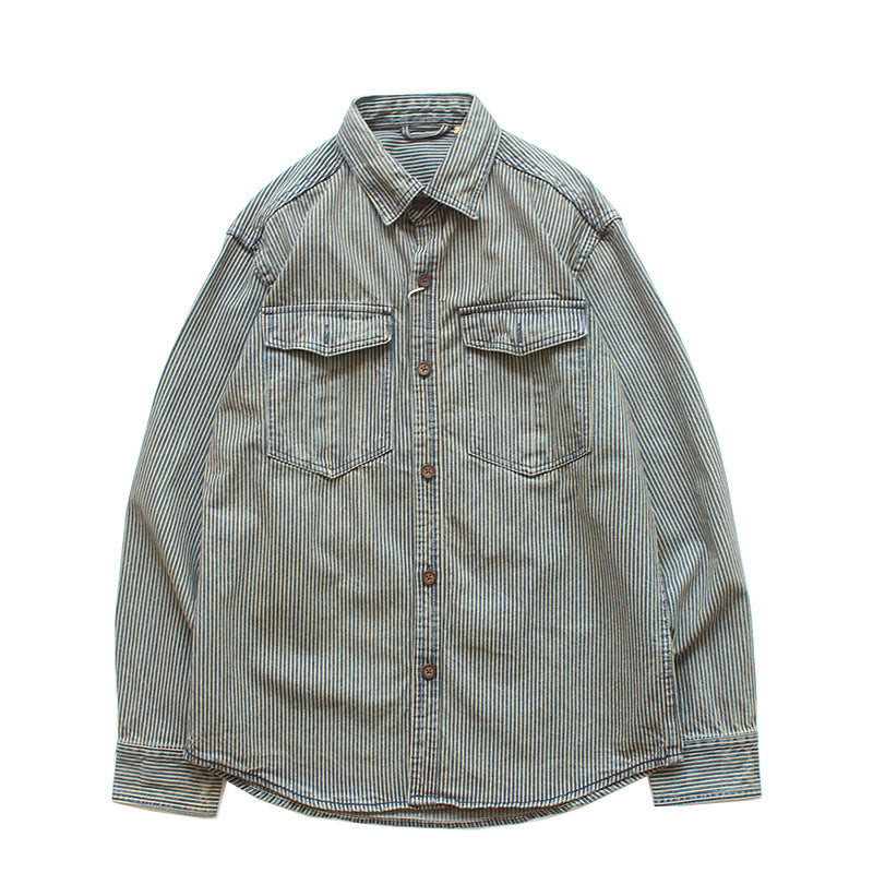 Men Striped Denim Shirt with Chest Pockets Mune Fashion