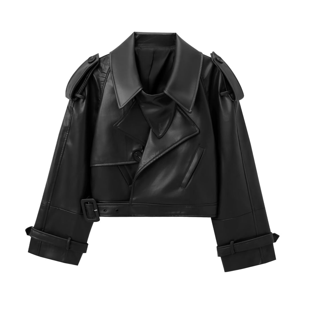 Women's nan cropped faux leather trench coat with shoulder flaps, fitted belt, and adjustable cuffs Mune Fashion