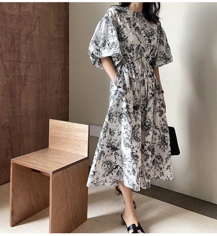 Women's Flared Midi Dress with Floral Toile Look, Puff Sleeves and Side Pockets Mune Fashion