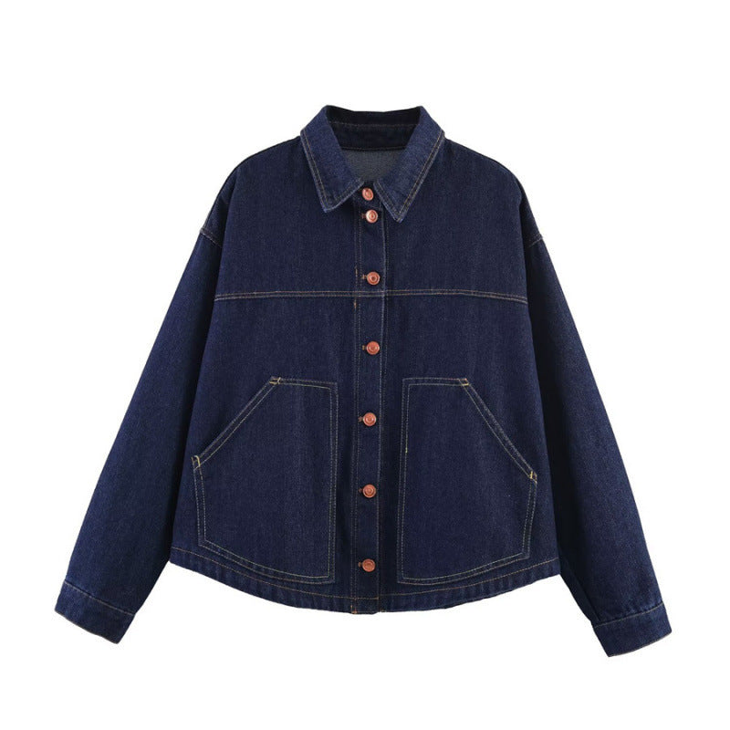Women's Oversized Denim Jacket with Boxy Cropped Cut, Patch Pockets and Contrast Stitching Mune Fashion