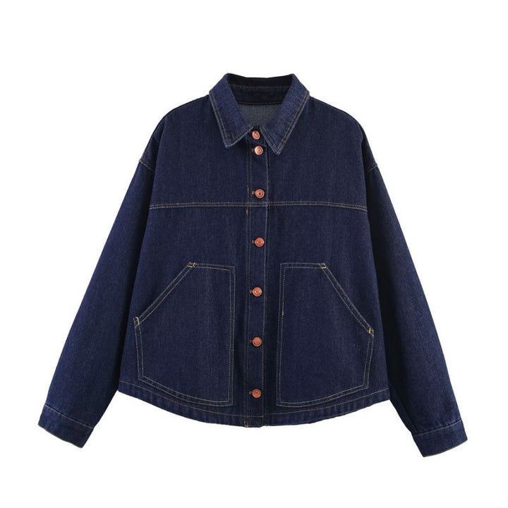 Women's Oversized Denim Jacket with Boxy Cropped Cut, Patch Pockets and Contrast Stitching Mune Fashion