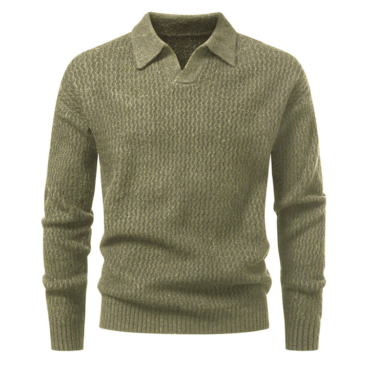 Men's polo collar fine knit sweater with textured wave design and ribbed hem Mune Fashion