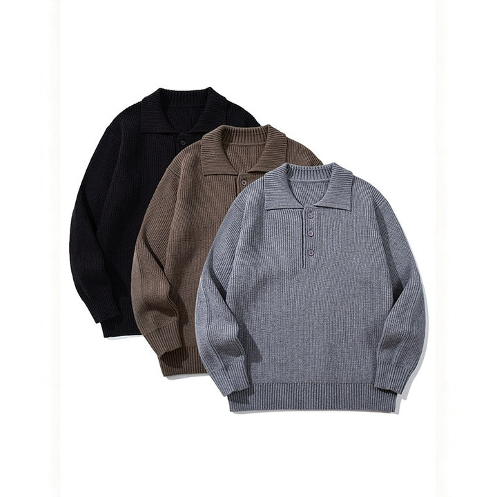 Men's fine-knit polo sweater with shirt collar, button placket, and ribbed hem Mune Fashion