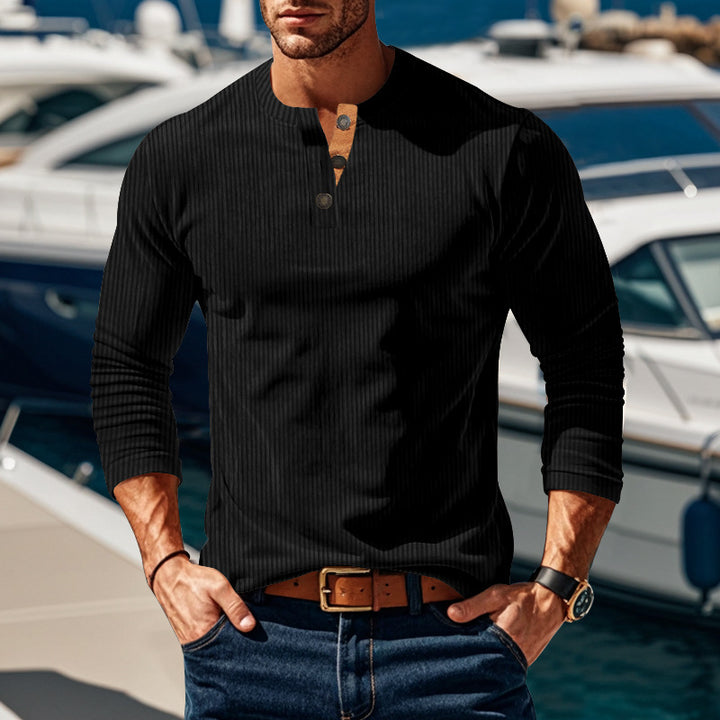 Men's ribbed long-sleeve Henley shirt with stand-up collar and concealed placket made of breathable jersey Mune Fashion