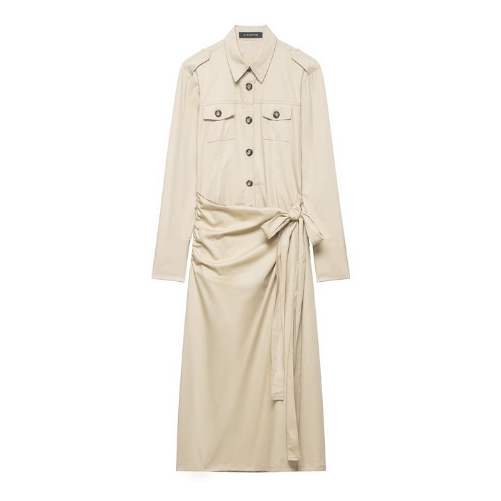 Ladies' shirt dress with knot tie belt, flap pockets and slim waist Mune Fashion