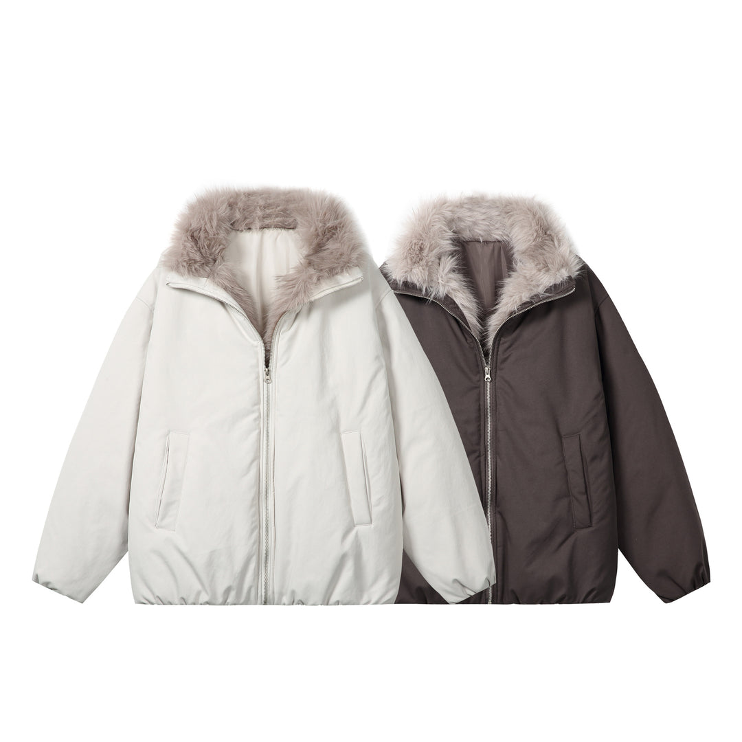 Women's short jacket in boxy cut with voluminous faux fur collar and two-way zipper Mune Fashion