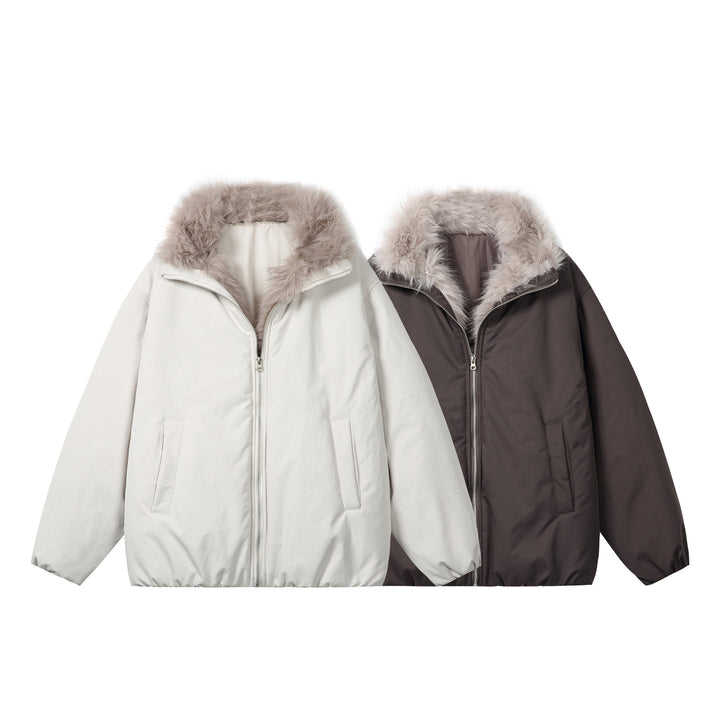 Women's short jacket in boxy cut with voluminous faux fur collar and two-way zipper Mune Fashion