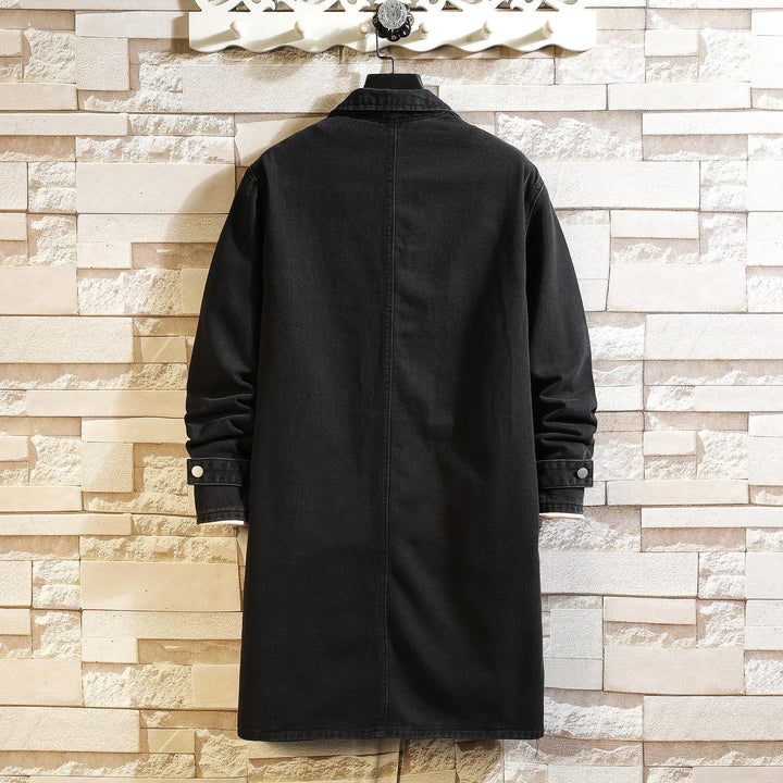 Men's long overshirt coat made of denim with snap button placket and patch pockets Mune Fashion