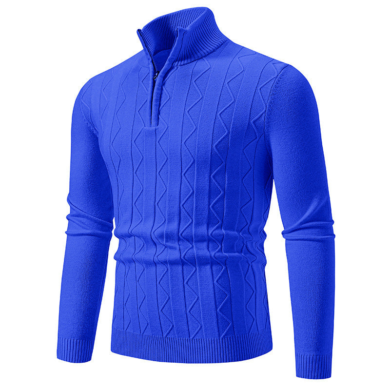 Men Slim-Fit Half-Zip Knit Sweater with Mock Neck, Cable Knit Pattern and Ribbed Cuffs Mune Fashion