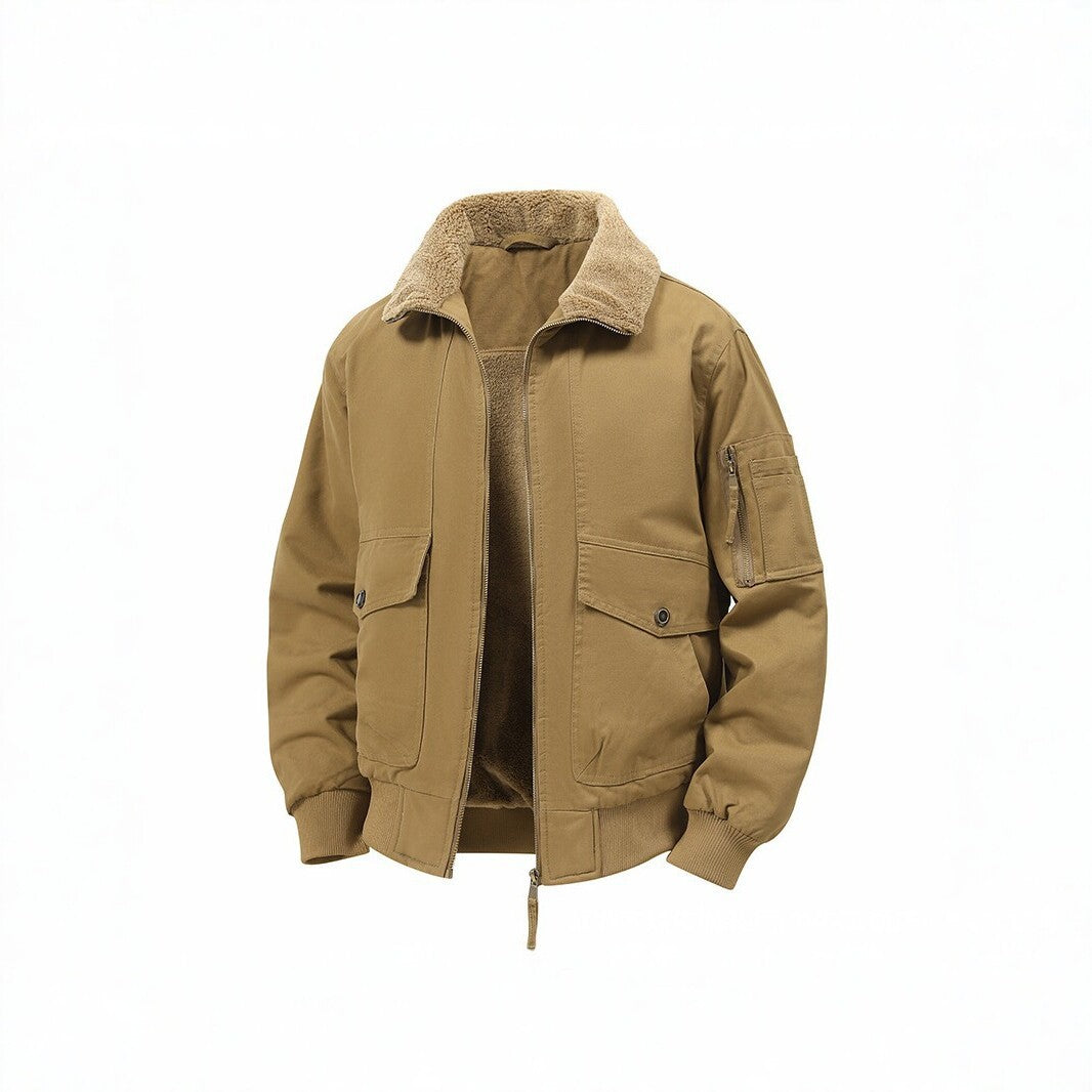 Men's Military Inspired Thermal Bomber Jacket with Teddy Lining, Arm Pocket and Snap Flap Pockets Mune Fashion