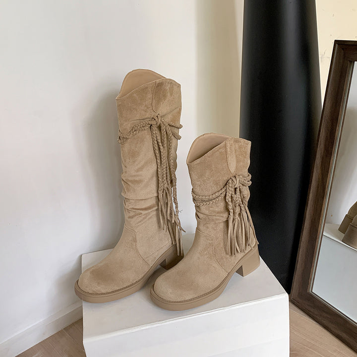 Women's Calf-Height Suede Boots with Braided Tassel Strap Mune Fashion