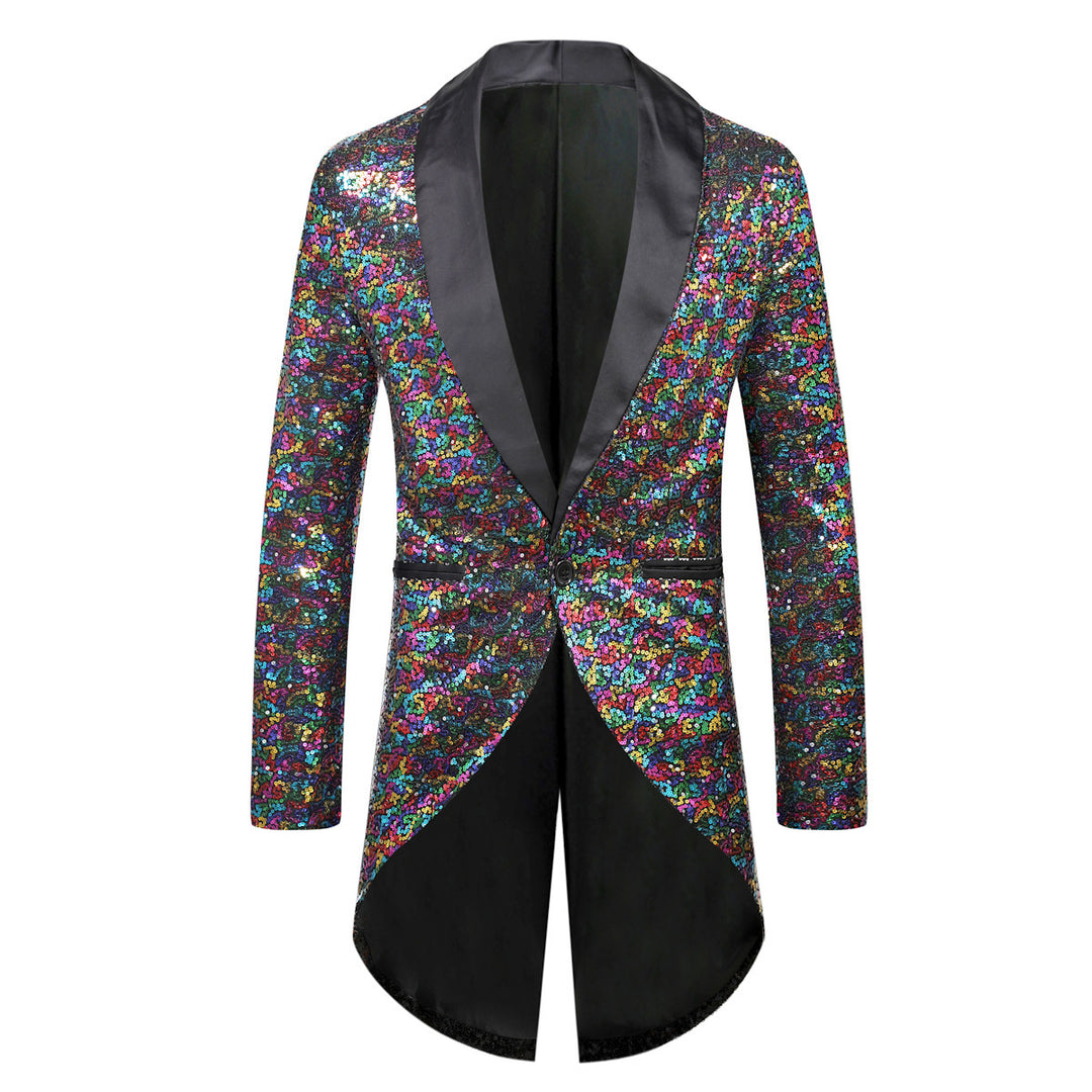Men's sequin tuxedo jacket with shawl collar satin trim and curved swallowtail Mune Fashion
