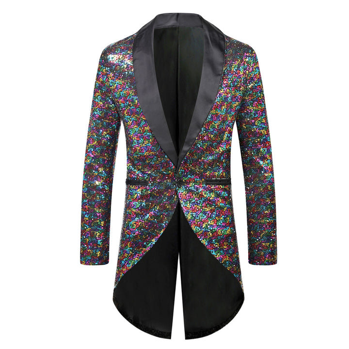 Men's sequin tuxedo jacket with shawl collar satin trim and curved swallowtail Mune Fashion