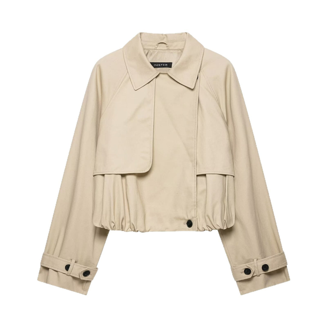 Women's Cropped Trench Jacket in Boxy Cut with Ruching and Adjustable Cuffs Mune Fashion
