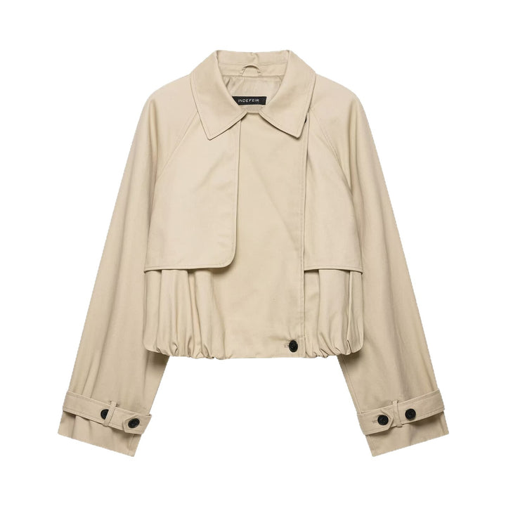 Women's Cropped Trench Jacket in Boxy Cut with Ruching and Adjustable Cuffs Mune Fashion