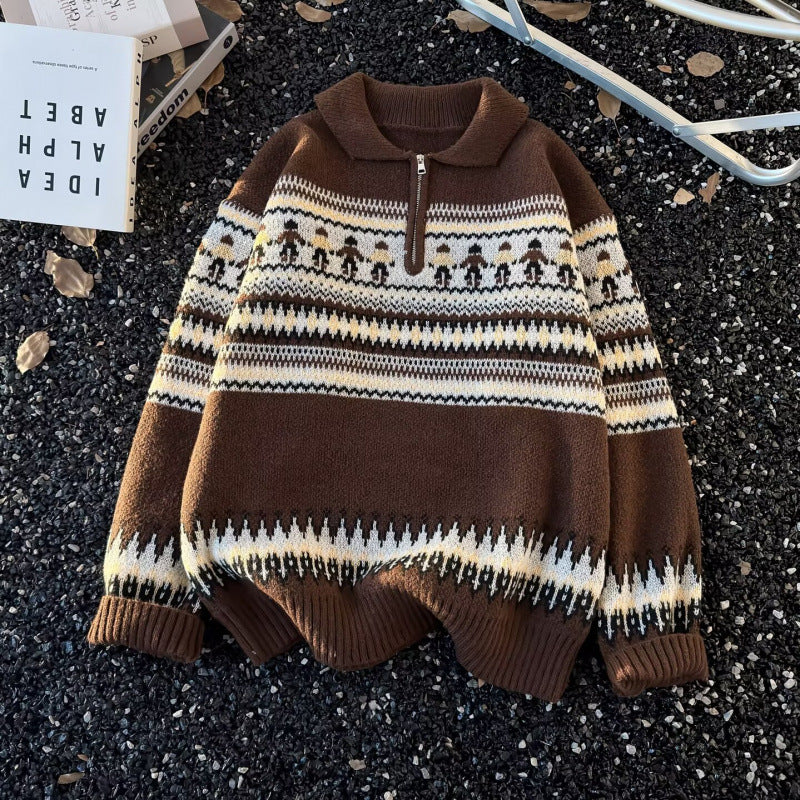 Women's Jacquard Half-Zip Sweater with Polo Collar and Norwegian Intarsia Mune Fashion