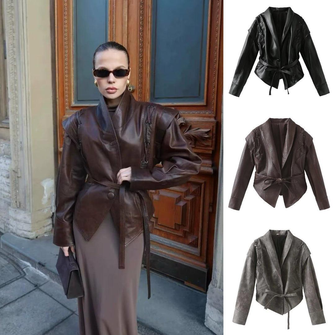 Women's short jacket in suede look with shawl collar, lacing details and waist belt Mune Fashion